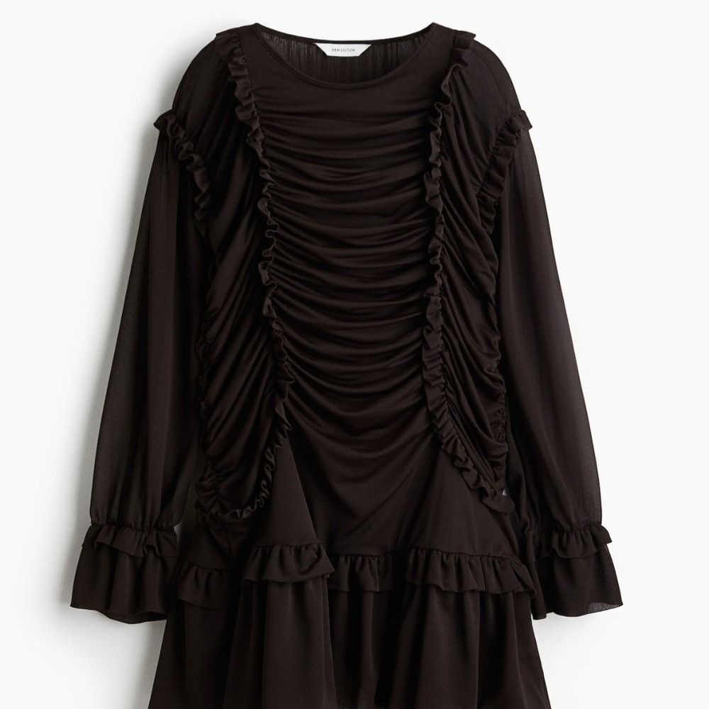 H&M Edition Choco Brn Long Sleeve‎ Ruffle-Trimmed WhimsicaL Drapped Dress Sz Lg